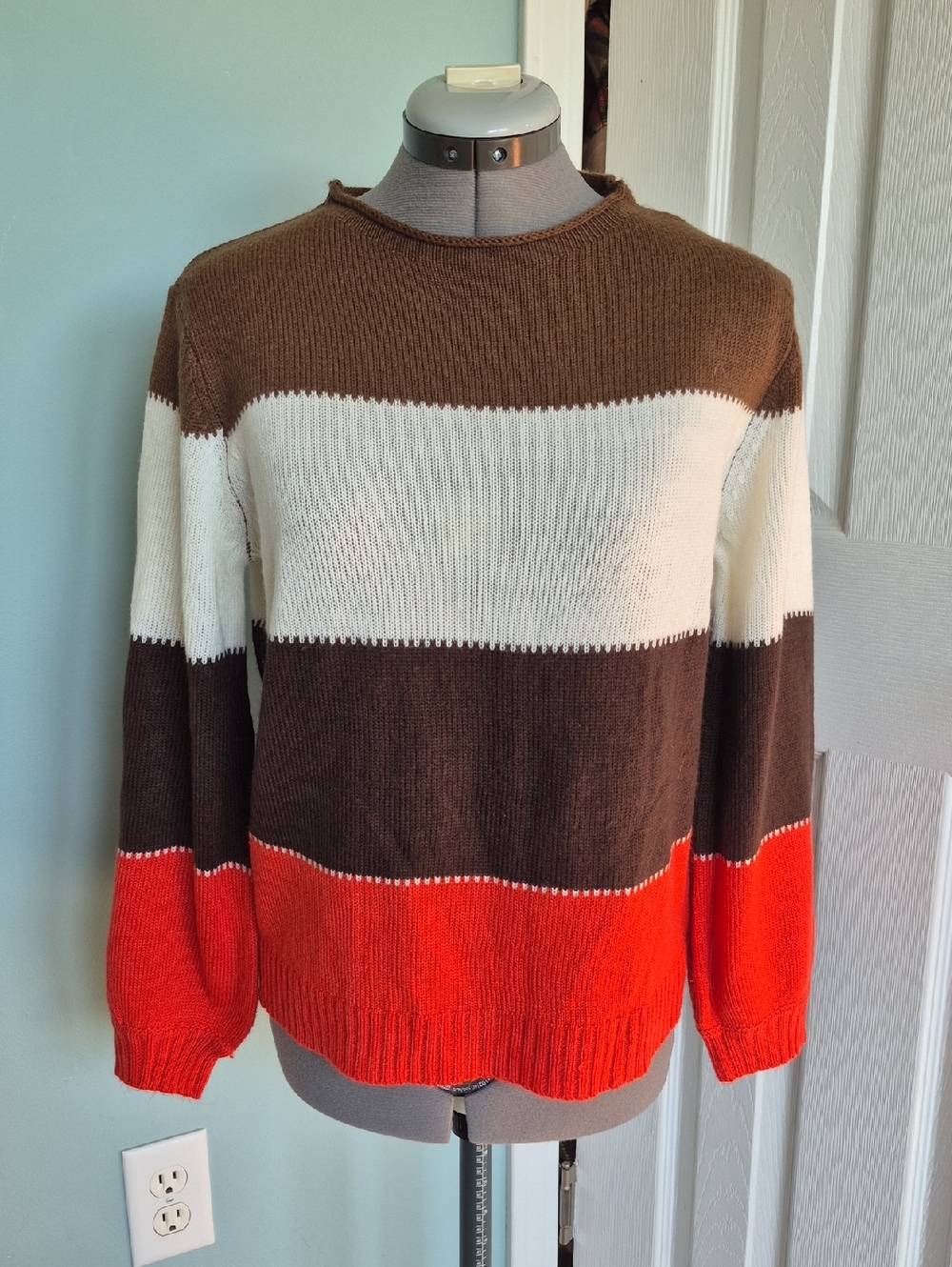 MISSLOOK Womens Colorblock Rolled Crewneck Sweater Brown White Red-Orange SZ med